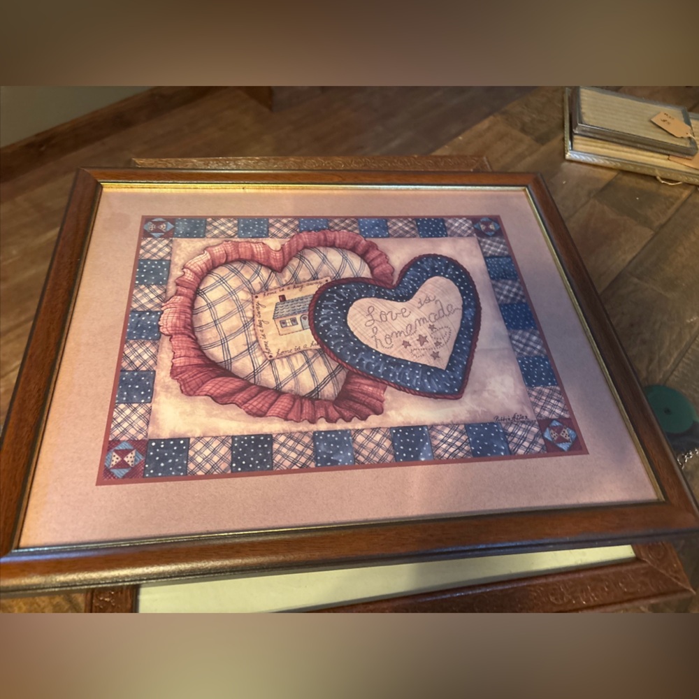 Home Interiors Framed Heart Art in Blue and Pink